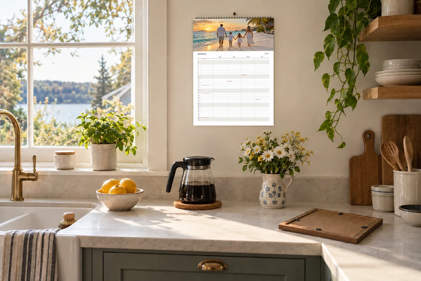 A family wall calendar with a beach vacation photo hanging in a grandparents' kitchen